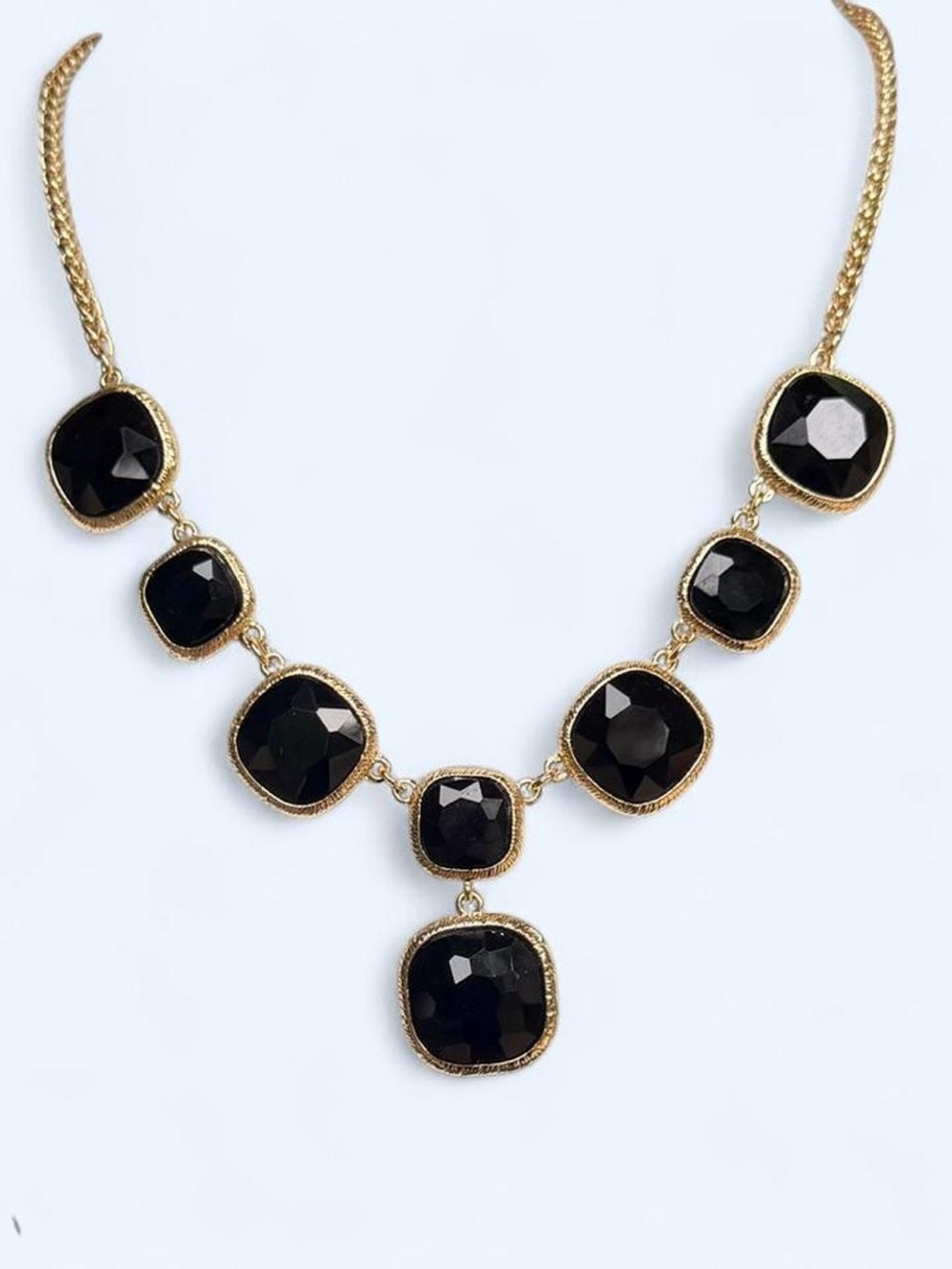 Elegant Black Gem Statement Necklace - Gold Tone
